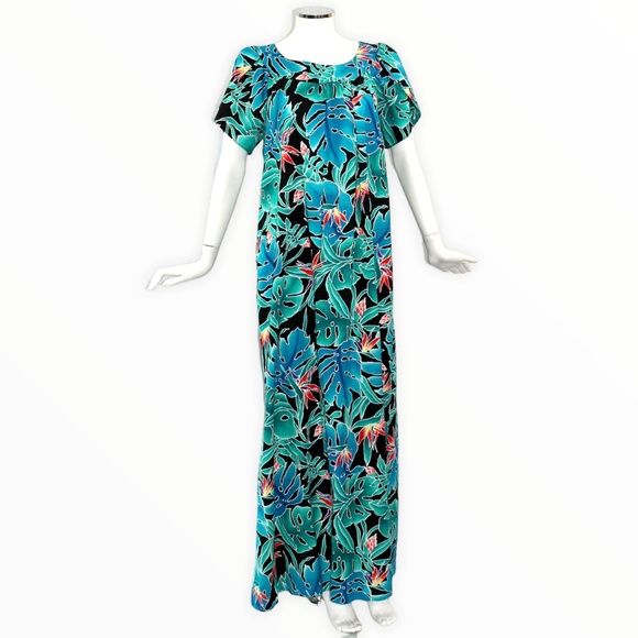 🌟VINTAGE🌟 1990s Hilo Hattie Maxi Dress Mumu Caftan Fun & Floral Bright Flowers - Picture 1 of 4